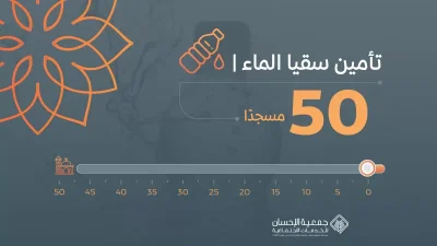 توفير مياه الشرب لـ 50 مسجدا نروي فيها ظمأ العطشانعن سعد بن عبادة رضي الله عنه قال قلت يا رسول الله إن أمي ماتت أفأتصدق عنها قال نعم قلت فأي الصدقة أفضل قال سقي الما حسنه الألبانيساهم في إروا الظمأىواغتنم فرصة الأجر العظيمقطرة منك نهر من الأجر